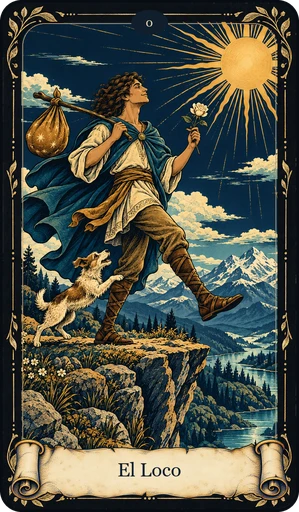Carta El Loco del tarot de Umbral: joven al borde de un precipicio, con el pie adelantado; hatillo al hombro colgado de un bastón