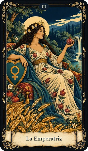 Carta La Emperatriz del tarot de Umbral: mujer con corona de estrellas sentada en un trono de cojines; campo de trigo maduro a sus pies