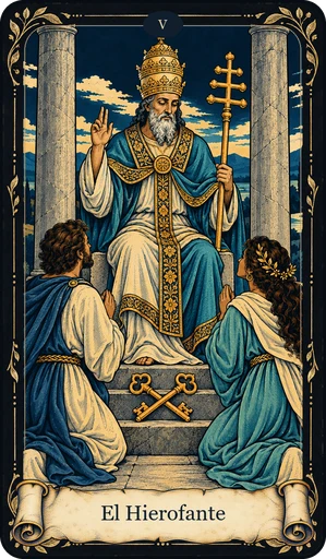 Carta El Hierofante del tarot de Umbral: figura con triple corona sentada entre dos columnas grises; dos acólitos arrodillados frente a él