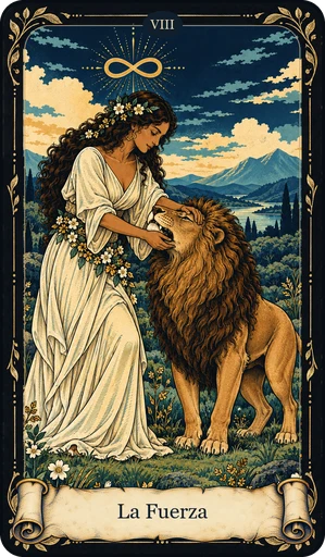 Carta La Fuerza del tarot de Umbral: mujer que cierra con suavidad las fauces de un león; símbolo de infinito sobre su cabeza