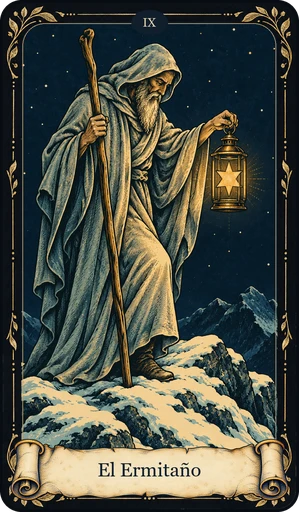 Carta El Ermitaño del tarot de Umbral: anciano con capa gris en una cima nevada; farol con una estrella de seis puntas dentro