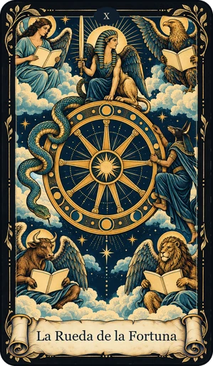 Carta La Rueda de la Fortuna del tarot de Umbral: rueda grande con letras y símbolos en los radios; esfinge con espada sentada en lo alto de la rueda