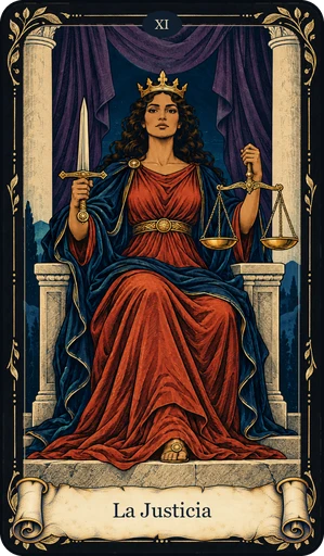 Carta La Justicia del tarot de Umbral: figura sentada con una espada en alto en una mano; balanza en la otra mano