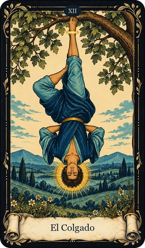 Carta El Colgado del tarot de Umbral: figura colgada de un pie en una T de madera viva con hojas; pierna libre cruzada detrás de la otra formando un cuatro