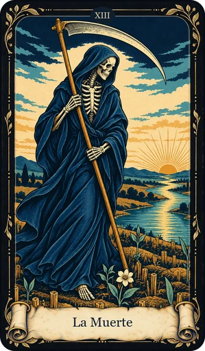 Carta La Muerte del tarot de Umbral: figura esquelética serena con manto azul y guadaña; sol que amanece sobre un río y colinas
