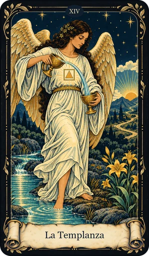 Carta La Templanza del tarot de Umbral: ángel con un pie en el agua y otro en la tierra; agua que pasa de una copa a otra sin derramarse