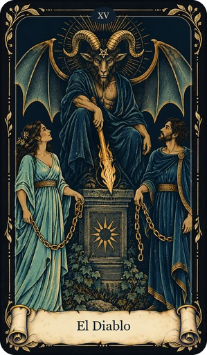 Carta El Diablo del tarot de Umbral: figura con cuernos y alas de murciélago sobre un pedestal; dos figuras humanas con cadenas flojas al cuello