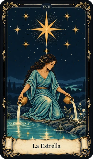 Carta La Estrella del tarot de Umbral: mujer arrodillada con túnica a la orilla de un estanque; dos jarras: una vierte agua en el estanque y otra en la tierra