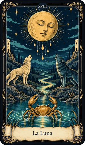 Carta La Luna del tarot de Umbral: luna con rostro de la que caen gotas de luz; perro y lobo aullando hacia la luna
