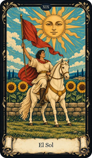 Carta El Sol del tarot de Umbral: sol grande con rostro y rayos rectos y ondulados alternados; niño con túnica blanca montado en un caballo blanco