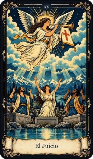 Carta El Juicio del tarot de Umbral: ángel entre nubes que toca una trompeta; bandera con una cruz colgando de la trompeta