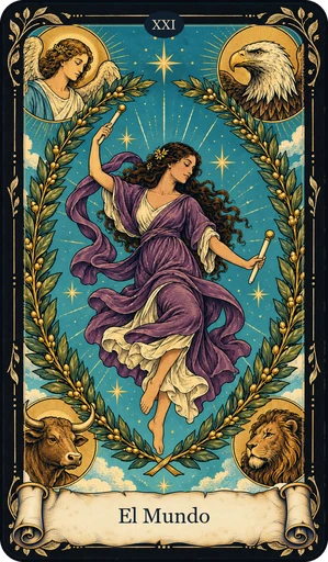 Carta El Mundo del tarot de Umbral: figura que danza dentro de una corona ovalada de laurel; una vara en cada mano